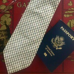 POLO BY RALPH LAUREN HANDMADE VINTAGE MEN'S TIE- COTTON IVORY GREEN BLUE PLAID